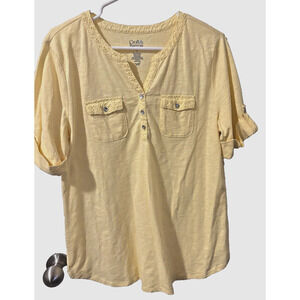CROFT & BARROW TEE Shirt Women's size L Short Sleeve lace trim pockets Yellow